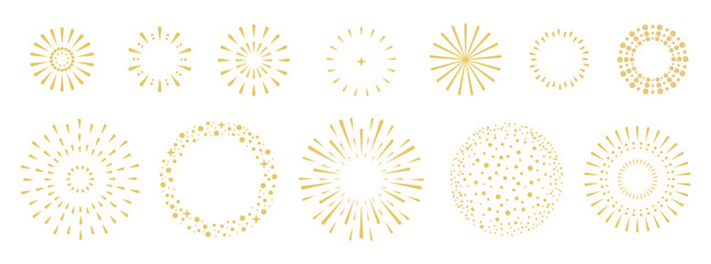 Set of holiday golden firework explosion isolated on white background. Independence Day or  New Year celebration. Traditional festival or event. Vector illustration