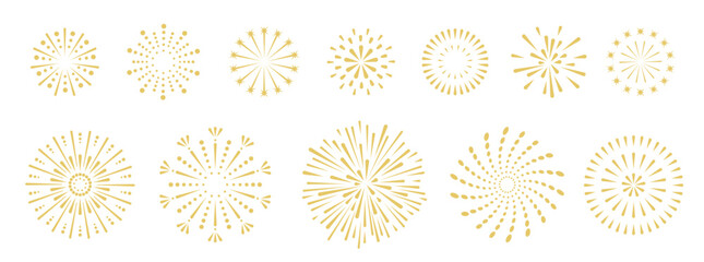Set of holiday golden firework explosion isolated on white background. Independence Day or  New Year celebration. Traditional festival or event. Vector illustration