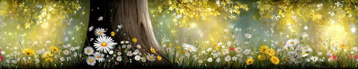 Blooming flowers around the big tree in the spring sunshine