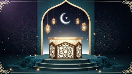 Elegant Islamic Celebration Stage with Crescent Moon, Lanterns, and Ornate Podium on a Velvety Blue Background for Festive Ramadan Kareem and Eid Mubarak Greetings