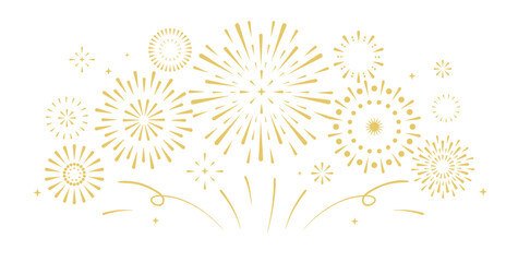 Set of holiday golden firework explosion isolated on white background. Independence Day or  New Year celebration. Traditional festival or event. Vector illustration