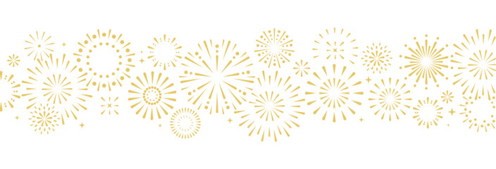 Set of holiday golden firework explosion isolated on white background. Independence Day or  New Year celebration. Traditional festival or event. Vector illustration