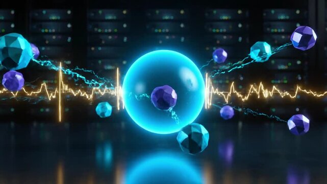 Glowing blue and purple orbs floating in front of a server room
