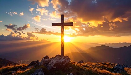 A wooden cross stands atop a rocky peak, silhouetted against a radiant sunset illuminating the horizon