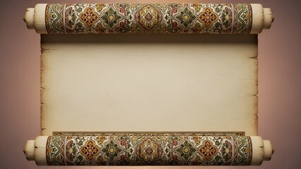 Ornate vintage scroll featuring a blank antique paper texture, ideal for historical documents, ancient maps, or mystical messages with decorative borders