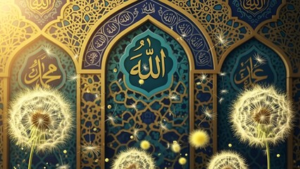 Ethereal Dandelion Glow Illuminating Intricate Islamic Archways and Divine Calligraphy with Golden Patterns, Symbolizing Spiritual Light and Serenity