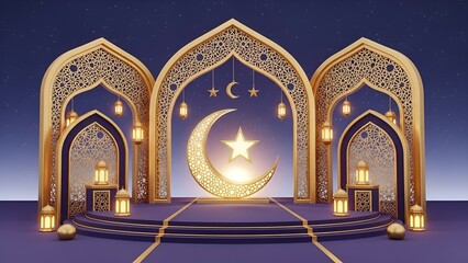 Stunning 3D rendered Islamic ceremonial stage adorned with golden intricate patterns, a glowing crescent moon, and twinkling stars, perfect for Ramadan, Eid, or festive celebrations
