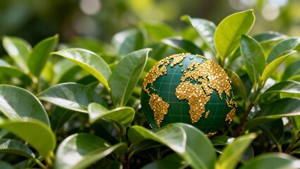 Green globe with gold continents in foliage