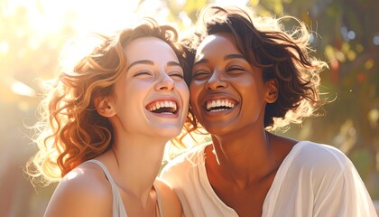 Two diverse friends laughing in the sun, lit by bright light from above. They are close together and appear joyful