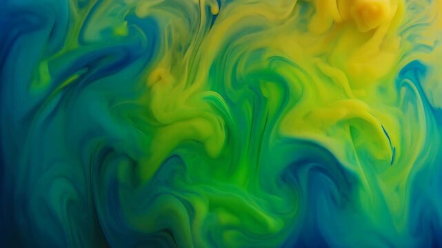 Abstract swirling patterns of vibrant blue, green, and yellow ink mixing in water.