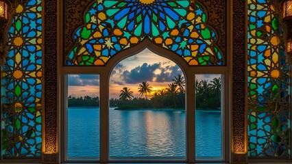Ornate Middle Eastern Stained Glass Archway Framing a Tranquil Tropical Sunset Over Calm Waters with Palm Trees and a Serene Horizon