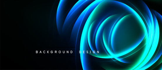 Abstract flowing lines create luminous shapes. Dark background emphasizes vibrant blue, teal, green hues. Modern design element.