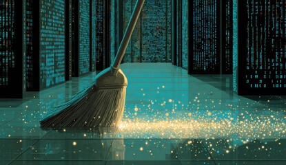 Broom sweeping gold-like particles in a server room, with binary code illuminating the walls