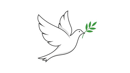 Obraz premium White dove flying with olive branch outline drawing on white background, peace symbol, minimalist illustration, bird silhouette 