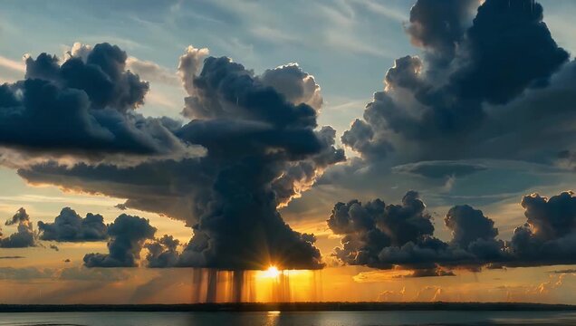 4K time lapse capturing lightning flashing from an advancing dark cloud as rain dims the sunset glow highlighting dramatic weather patterns atmospheric contrast stormy skies cinematic 