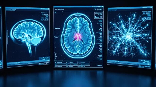 Advanced medical imaging of glowing neon blue brain MRI scans