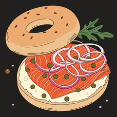 Delicious bagel with salmon, onion and capers on black background