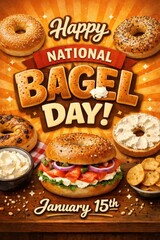 Happy National Bagel Day with various bagel types and spreads 