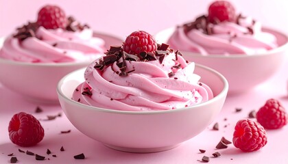 Three pink bowls brimming with whipped, swirled dessert, topped with raspberries and chocolate shavings, on a pastel pink surface