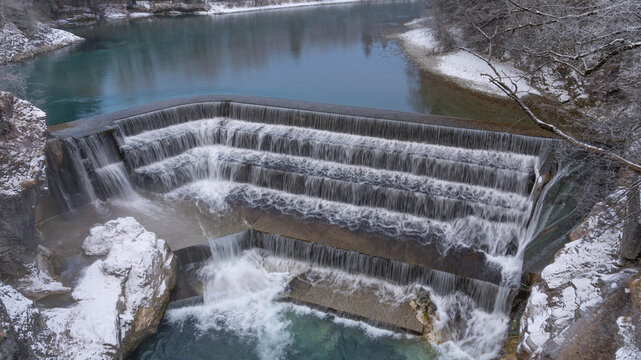 Lechfall in Lech Bavaria in Winter 2025 with Snow and Ice and great Blue athmosphere. High quality photo