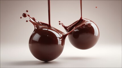 Two spheres of molten chocolate collide midair, streams of glossy liquid frozen in suspended arcs, controlled studio light accentuates