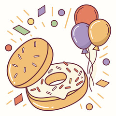 Donut illustration with balloons and confetti