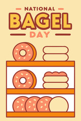 Celebratory bagel illustration with shelf display and text for National Bagel Day