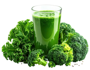 Green juice in glass, surrounded by broccoli and kale