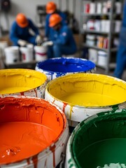colorful plastic containers in a factory, Industrial Paint Buckets with Vibrant Colors and Workers in Background Warehouse