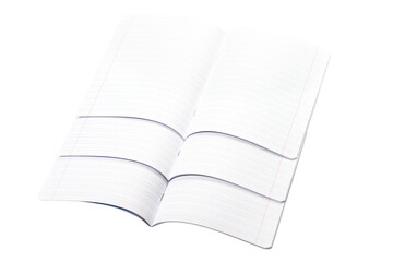 Three open notebooks in ruler stacked on top of each other on isolated background.