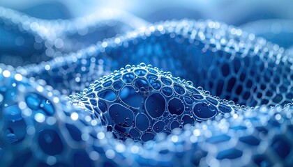 Abstract Blue Cellular Structure with Bubbles and Glowing Lights Macro Shot