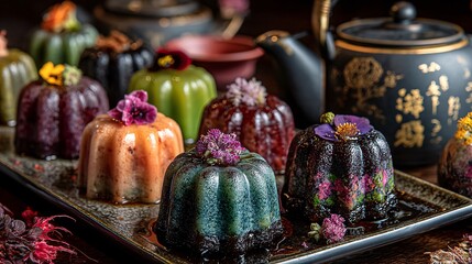 Colorful Jelly Desserts with Flowers and Teapot on Wooden Table