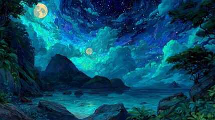 Serene Nightscape with Vibrant Colors and Starry Sky Over Water