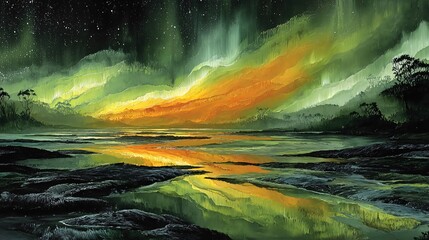 Majestic Aurora Over Tranquil River at Night with Starry Sky