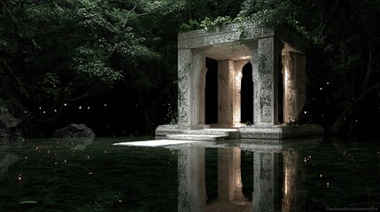 Serene Ancient Temple Reflection in Lush Green Forest Landscape