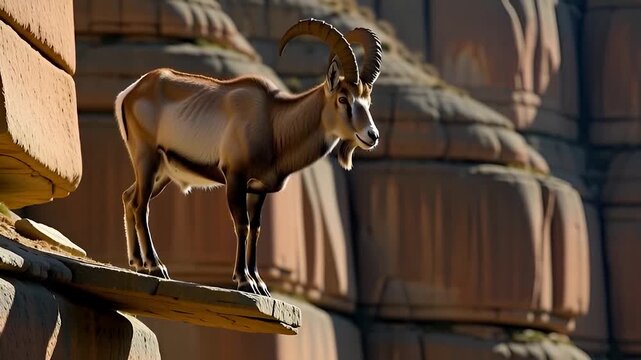 Ibex standing still on a rugged mountain ledge and slowly surveying the valley below