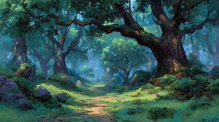 Majestic Forest Pathway Under Lush Canopy with Soft Light