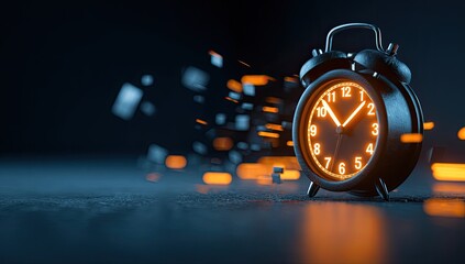 Illuminated alarm clock with glowing face and hands, dissipating into abstract shapes