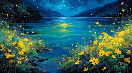Vibrant Night Landscape with Flowers and Starry Sky Reflections