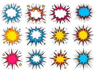 Comic book style collection of colorful, exploding speech bubbles