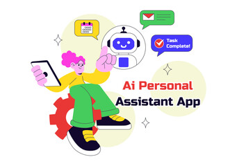Fototapeta premium AI Personal Assistant App Vector Illustration Featuring Smart Digital Assistant Interface, Modern Mobile Technology, and Intelligent Automation