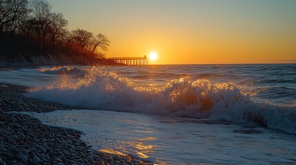 Sunrise over a rocky beach, waves crashing
