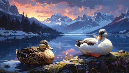 Two ducks rest lakeside with majestic mountains reflecting in calm water during a colorful sunset