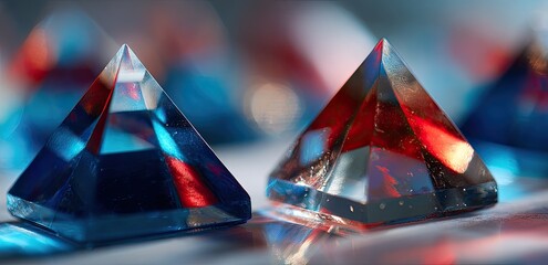 Two transparent, pyramidal shapes are in focus. The reflections are red, white, and blue