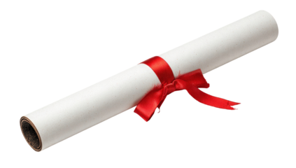 White Diploma Certificate with Red Ribbon Isolated on Transparent Background