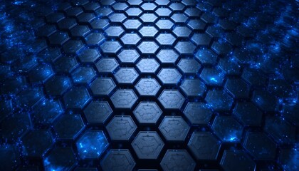 Glowing black and blue hexagon pattern on silver metal surface futuristic 3D background rendering