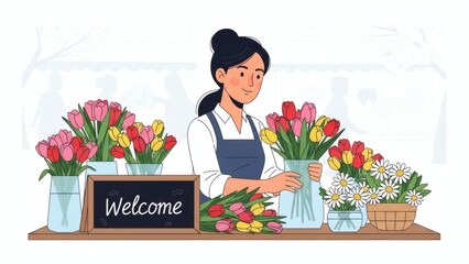 Spring 2026 Floristry and Small Business Concept. Woman Florist Arranging Fresh Tulips in Downtown Flower Market. Flat Vector Illustration.