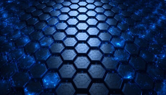 Glowing black and blue hexagon pattern on silver metal surface futuristic 3D background rendering - Powered by Adobe