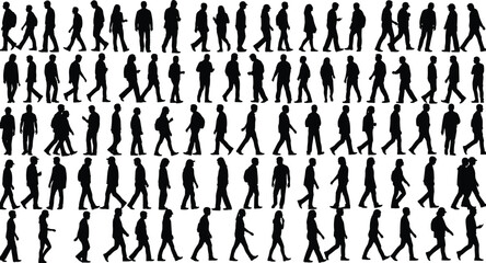 Grid of Walking Silhouettes Featuring Diverse Human Poses, Clothing Styles, and Accessories for Motion Study or Design Use