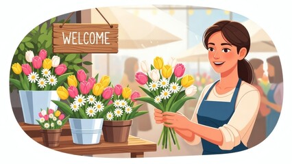 Spring 2026 Floristry and Small Business Concept. Woman Florist Arranging Fresh Tulips in Downtown Flower Market. Flat Vector Illustration.